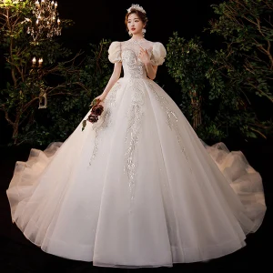 Charming Champagne Beading Sequins Wedding Dresses 2021 Ball Gown High Neck Ruffle Short Sleeve Backless Royal Train Wedding
