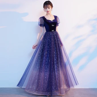 Bling Bling Bleu Roi Étoile Paillettes Faux Diamant Noeud Robe De Bal 2021 Princesse Encolure Carrée Manches Courtes Dos Nu Longue Promo Robe De Ceremonie