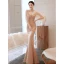 Charming Champagne Evening Dresses  2021 Trumpet / Mermaid Spaghetti Straps Beading Short Sleeve Backless Floor-Length / Long Evening Party Formal Dresses