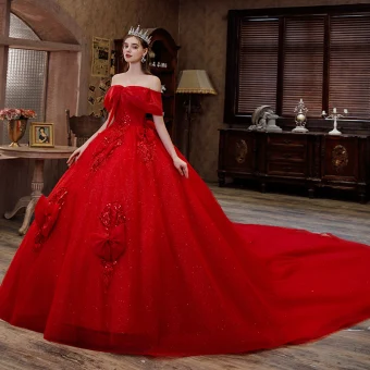 Moderne Mode Rouge Paillettes En Dentelle Fleur Robe De Mariée 2021 Robe Boule De L 039 Épaule Noeud Manches Courtes Dos Nu Royal Train Mariage