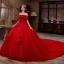 Modern / Fashion Red Sequins Lace Flower Wedding Dresses 2021 Ball Gown Off-The-Shoulder Bow Short Sleeve Backless Royal Train Wedding
