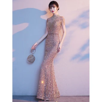 Scintillantes Doré Paillettes Perlage Gland Robe De Soirée 2021 Trompette Sirène Col Haut Manches Courtes Longue Soirée Robe De Ceremonie