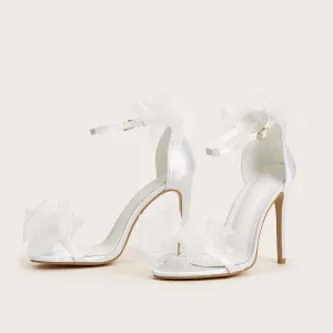 Mode Blanche Chaussure De Mariée 2021 Noeud Bride Cheville 11 Cm Talons Aiguilles Peep Toes Bout Ouvert Mariage Sandales Talons Hauts