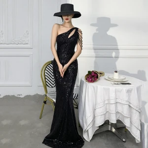 Sexy Sparkly Black Sequins Evening Dresses 2021 Trumpet Mermaid One Shoulder Beading Sleeveless Backless Floor Length Long Evening Party Formal Dresses