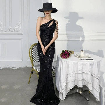 Sexy Sparkly Black Sequins Evening Dresses 2021 Trumpet Mermaid One Shoulder Beading Sleeveless Backless Floor Length Long Evening Party Formal Dresses