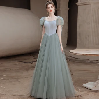 Mode Vert Cendré Robe De Bal 2021 Princesse Encolure Carrée Gonflée Manches Courtes Dos Nu Longue Promo Robe De Ceremonie