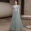 Fashion Sage Green Prom Dresses 2021 A-Line / Princess Square Neckline Puffy Short Sleeve Backless Floor-Length / Long Prom Formal Dresses