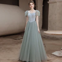 Mode Vert Cendré Robe De Bal 2021 Princesse Encolure Carrée Gonflée Manches Courtes Dos Nu Longue Promo Robe De Ceremonie