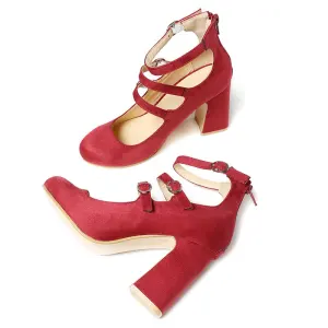 Simple Bordeaux Vêtement De Rue Daim Sandales Femme 2021 Bride Cheville 10 Cm Talons Épais À Bout Rond Sandales Talons Hauts