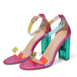 Eye Catching Fuchsia Laser Cocktail Party Evening Party Womens Sandals 2021 Ankle Strap 11 Cm Thick Heels Open Peep Toe Sandals High Heels