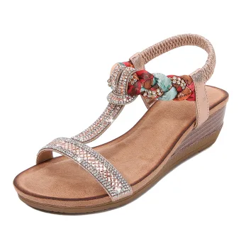 Bohemia Champagne Beach Rhinestone Womens Sandals 2021 Open Peep Toe Wedges T Strap Sandals