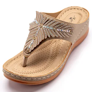 Bohemliv Aprikos Beige Stranden Casual Rhinestone Toffel Flip Flops 2021 Peep Toe Platt Sandaler Dam