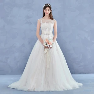 Elegant Handmade Champagne Wedding Dresses 2017 A Line Princess Scoop Neck Sleeveless Appliques Flower Lace Backless Beading Rhinestone Court Train