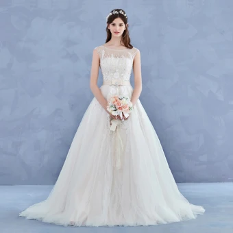 Elegant Handmade Champagne Wedding Dresses 2017 A Line Princess Scoop Neck Sleeveless Appliques Flower Lace Backless Beading Rhinestone Court Train