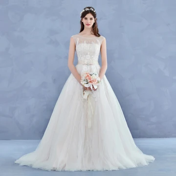 Élégant Fait Main Champagne Robe De Mariée 2017 Princesse Encolure Dégagée Sans Manches Appliques Fleur Dentelle Dos Nu Perlage Faux Diamant Tribunal Train