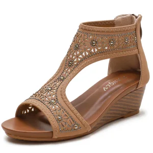 Bohemen Bruin Straatkleding Doorboord Rhinestone Sandalen Dames 2021 5 Cm Sleehakken Peep Toe Sandalen