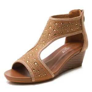 Bohemia Brown Beach Rhinestone Womens Sandals 2021 5 Cm Wedges Open Peep Toe Sandals