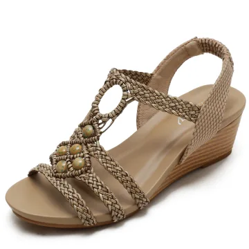Vintage Originale Marron Vacances Plage Tresser Sandales Femme 2021 5 Cm Compensées Peep Toes Bout Ouvert Sandales Talons Hauts