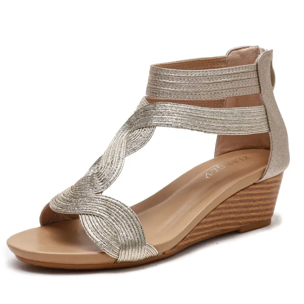 Roman Gold Street Wear Womens Sandals 2021 5 cm Wedges T-Strap Open ...