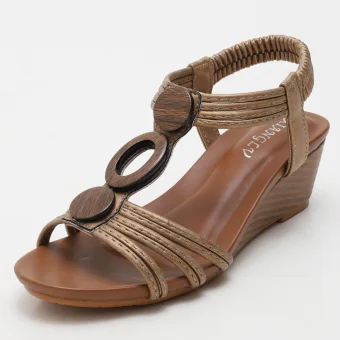 Romain Marron Vêtement De Rue Sandales Femme 2021 T Strap 5 Cm Compensées Peep Toes Bout Ouvert Sandales Talons Hauts