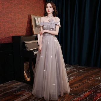 Charmant Lavande Violet Robe De Soirée 2021 Princesse Noeud De L 039 Épaule Perlage Faux Diamant Paillettes Manches Courtes Dos Nu Longue Soirée Robe De Ceremonie
