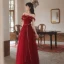 Fashion Burgundy Evening Dresses  Prom Dresses 2021 A-Line / Princess Ruffle Pearl Off-The-Shoulder Sleeveless Backless Floor-Length / Long Prom Formal Dresses
