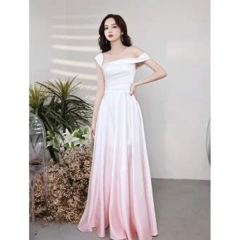 Chic Belle Dégradé De Couleur Rougissant Rose Satin Robe De Bal 2021 Princesse De L 039 Épaule Manches Courtes Dos Nu Longue Soirée Robe De Ceremonie
