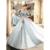 Vintage / Retro Sky Blue Satin Prom Dresses 2021 A-Line / Princess Square Neckline Short Sleeve Backless Beading Bow Floor-Length / Long Prom Formal Dresses