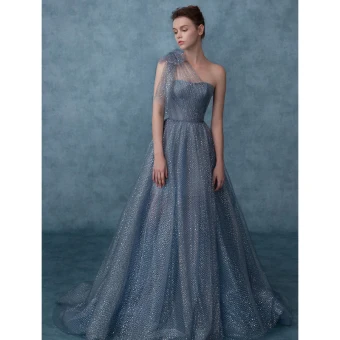 Bling Bling Mode Bleu Ciel Glitter Robe De Bal 2021 Princesse Une Épaule Perle Paillettes Ceinture Manches Courtes Dos Nu Longue Promo Robe De Ceremonie