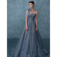 Bling Bling Mode Himmelblau Glanz Ballkleider 2021 A Linie One-Shoulder Perle Pailletten Stoffgürtel Kurze Ärmel Rückenfreies Lange Ball Festliche Kleider