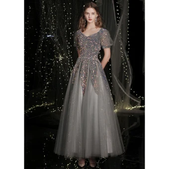Scintillantes Gris Paillettes Robe De Bal 2021 Princesse Encolure Carrée Manches Courtes Dos Nu Longue Promo Robe De Ceremonie