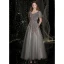 Scintillantes Gris Paillettes Robe De Bal 2021 Princesse Encolure Carrée Manches Courtes Dos Nu Longue Promo Robe De Ceremonie