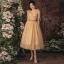 Chic / Beautiful Champagne Sequins Homecoming Graduation Dresses 2021 A-Line / Princess V-Neck Sleeveless Sash Tea-length Formal Dresses