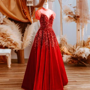 Vintage Originale Rouge Paillettes Robe De Bal 2021 Princesse Encolure Dégagée Manches Courtes Longue Promo Robe De Ceremonie