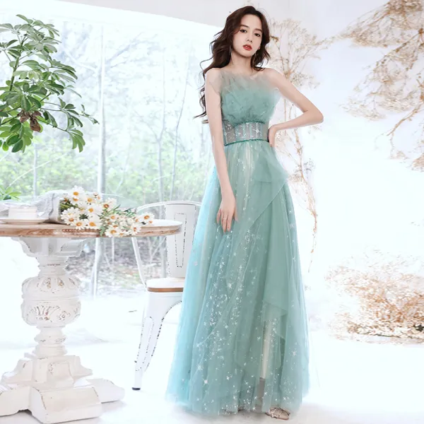 Elegant Mint Green Glitter Prom Dresses 2021 A-Line / Princess Strapless Beading Lace Sleeveless Backless Floor-Length / Long Prom Formal Dresses