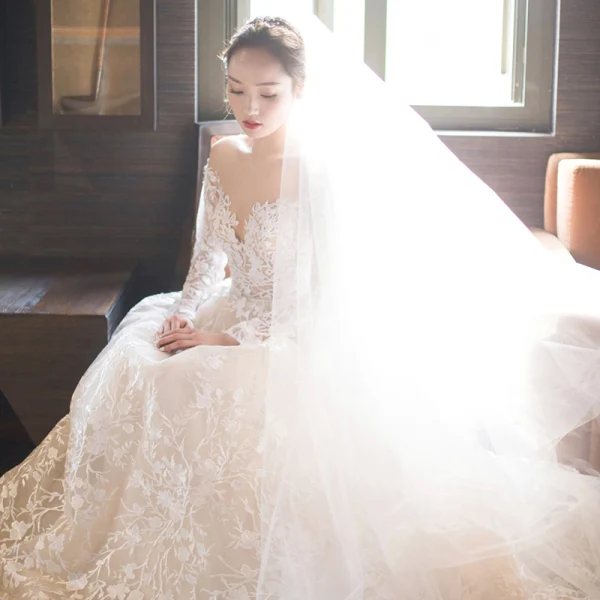 Étourdissant Plage Robe De Mariée 2017 Princesse Encolure Dégagée Manches Longues Fermeture éclair Champagne Percé Dentelle Chapel Train Dos Nu