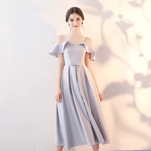 Chic Beautiful Grey Homecoming Graduation Dresses 2018 A Line Princess Off The Shoulder Spaghetti Straps Short Sleeve Bow Sash Tea Length Ruffle Backless Formal Dresses