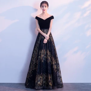 Bling Bling Marino Oscuro Vestidos De Noche 2018 A Line Princess V Cuello Manga Corta Oro Glitter Tul Largos Sin Espalda Vestidos Formales