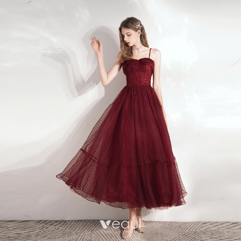 burgundy dresses for graduation Champagne/Burgundy Long Prom Dress, A-line Tulle Formal Graduation Dre –  dresstby main image 0