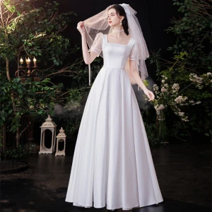 Modest Simple Elegant Ivory Satin Wedding Dresses A Line Princess 2021 Square Neckline Short Sleeve Backless Floor Length Long Wedding