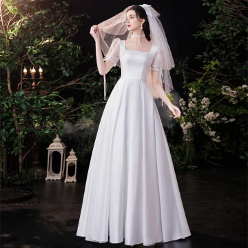 Simple Élégant Ivoire Satin Robe De Mariée Princesse 2021 Encolure Carrée Manches Courtes Dos Nu Longue Mariage