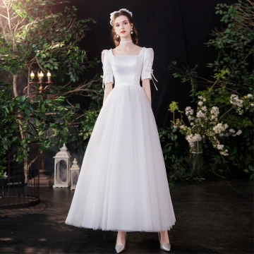 Modest Simple Elegant Ivory Satin Wedding Dresses 2021 A Line Princess Pearl Square Neckline 1 2 Sleeves Backless Bow Floor Length Long Wedding