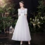 Schlicht Elegante Ivory / Creme Satin Brautkleider / Hochzeitskleider 2021 A Linie Perle Eckiger Ausschnitt 1/2 Ärmel Rückenfreies Schleife Lange Hochzeit