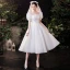 Vintage Schlicht Ivory / Creme Satin Brautkleider / Hochzeitskleider 2021 A Linie Eckiger Ausschnitt Kurze Ärmel Rückenfreies Schleife Wadenlang Hochzeit