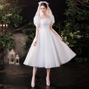 Vintage Sencillos Marfil Satén Vestidos De Novia 2021 A Line Princess Escote Cuadrado Manga Corta Sin Espalda Bowknot Té De Longitud Boda