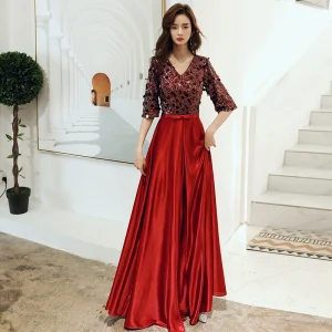 Chic Belle Bordeaux Robe Demoiselle D Honneur 2021 Princesse V Cou Appliques Paillettes 1 2 Manches Dos Nu Ceinture Longue Demoiselle D Honneur Robe Pour Mariage