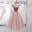 Vintage / Retro Blushing Pink Suede Prom Dresses 2021 A-Line / Princess U-Neck Short Sleeve Tea-length Prom Formal Dresses