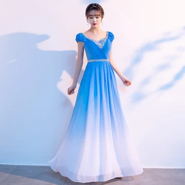 Traditional Pool Blue Gradient Color Prom Dresses 2021 A Line Princess V Neck Beading Rhinestone Sequins Short Sleeve Backless Floor Length Long Prom Formal Dresses