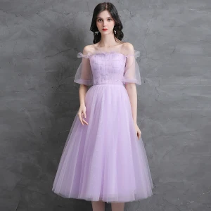 Simple Lavande De Retour Robe De Graduation 2021 Princesse De L 039 Épaule Perle Manches Courtes Dos Nu Thé Longueur Robe De Ceremonie