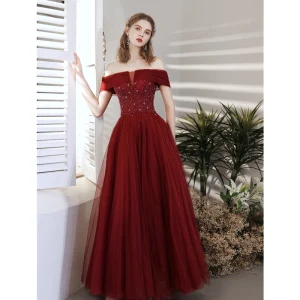 Chic Belle Bordeaux Robe De Bal 2021 Princesse De L 039 Épaule Perlage Cristal Paillettes Manches Courtes Dos Nu Longue Promo Robe De Ceremonie